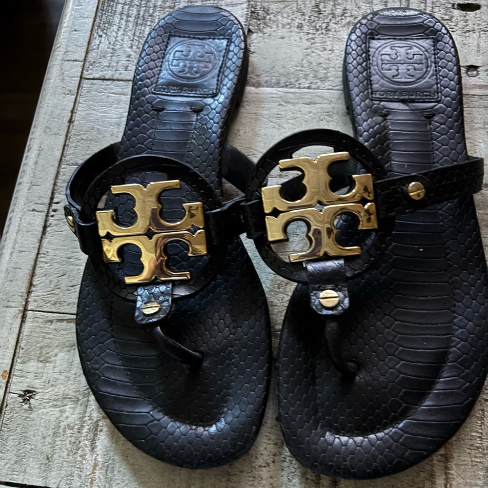 Tory Burch Miller 2 Black snakeskin and Gold hardware Sandals